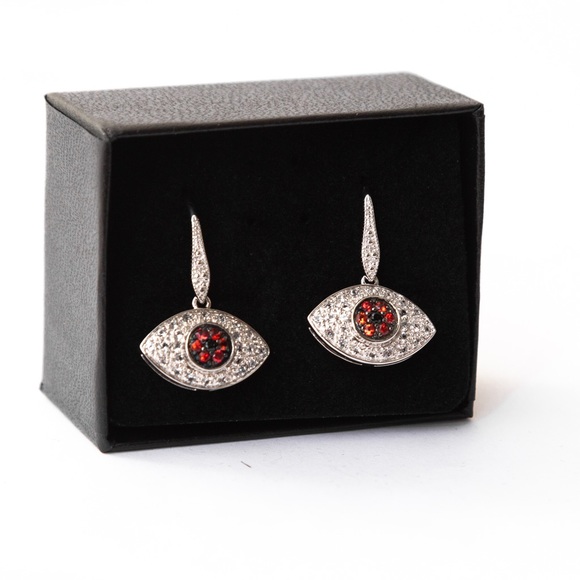 Rarities by Carol Brodie evil eye drop style earrings white topaz & red sapphire - Picture 6 of 14
